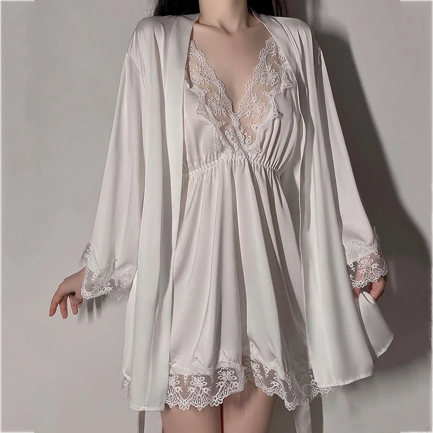 Wiosna lato damska szata koszula nocna bielizna nocna dwuczęściowy zestaw seksowna patchworkowa koronkowa koszula nocna Kimono szlafrok luźna odzież na co dzień w domu — zdjęcie 5