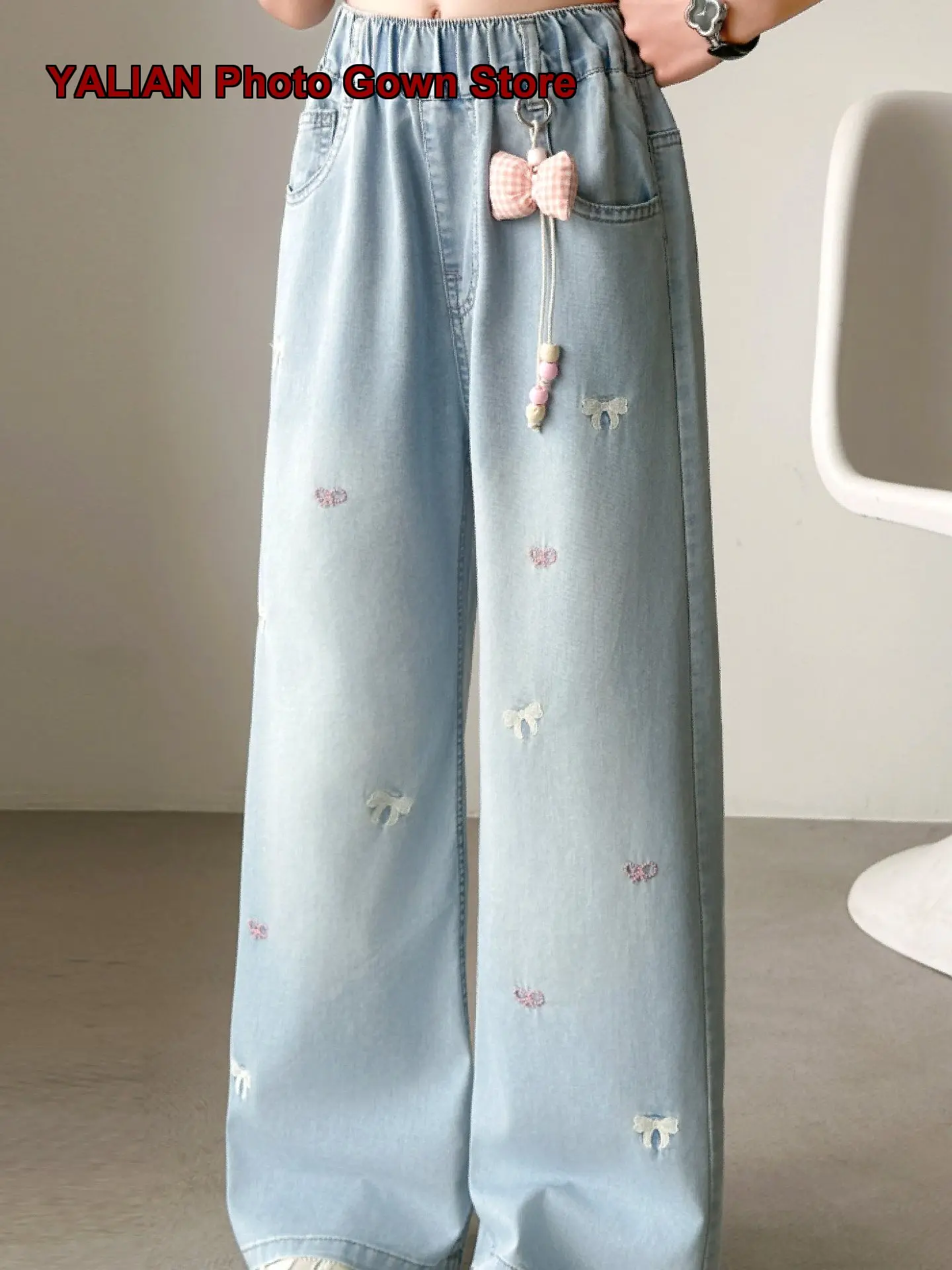 Girls Denim Wide Leg Pants Kids Summer Thin Breathable Lightweight Embroidered Solid Color Big Kids Older Kids