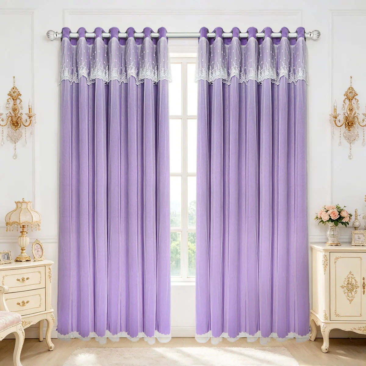 Lilac Double Layer Lace Grommet Curtains, Sheer Drapes for Romantic French Girl Bedroom Decor