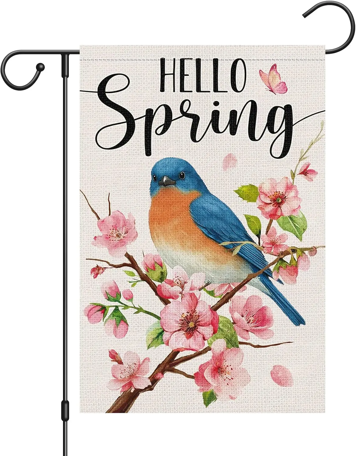 Hello Spring Garden Flag 12 x 18 Inch Double Sided for Outside, Bluebird Flower Small Burlap Yard Flag Outdoor Spring decora PPM