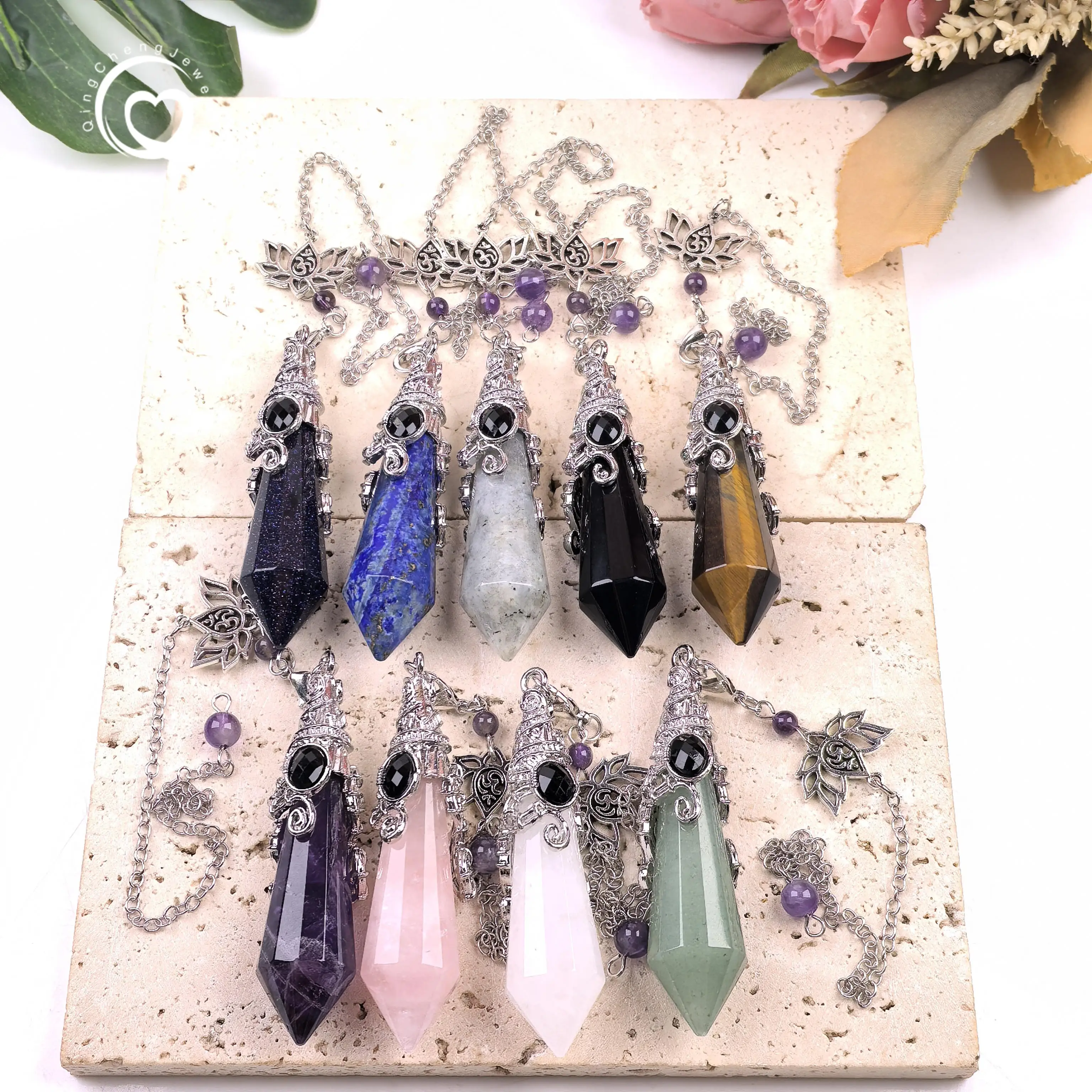 

Chakra Crystal Faceted Point Pendulum Pendants Healing Reiki Quartz Cone Dowsing Meditation Divination Pendulo Pendules,QC6026