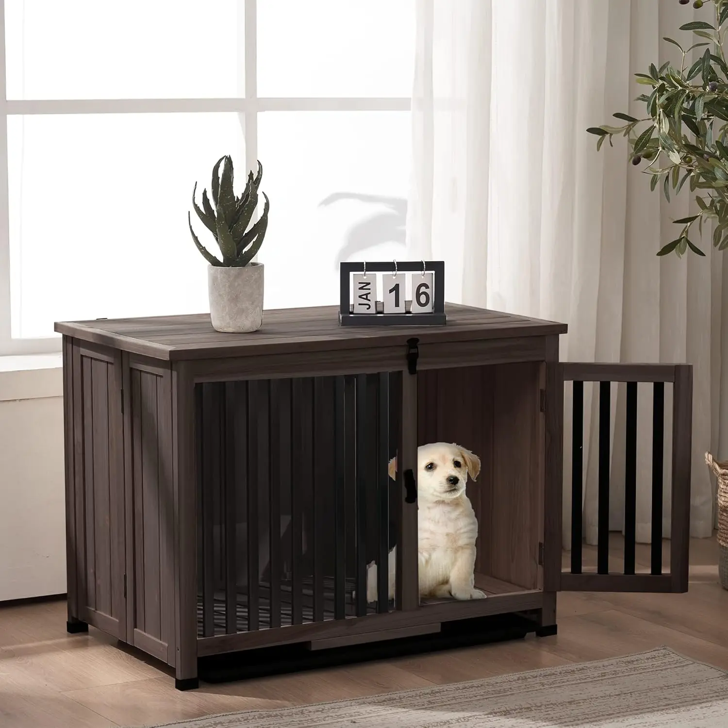 Wooden Dog Crate Furniture, Dog Kennel Pet House End Table, Solid Wood Portable Foldable Indoor Cage for Dogs,