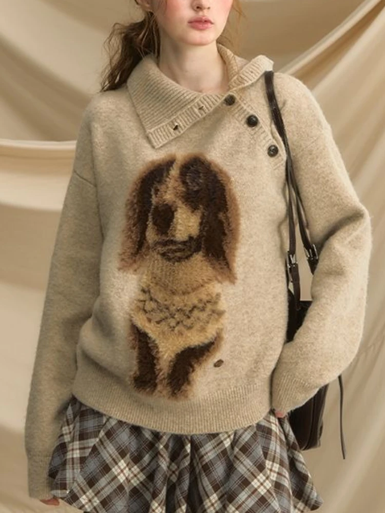 Sweat-shirt à manches longues pour femmes, Vintage français, élégant, Chic, graphique de chien, col incliné, tricot doux, hauts rétro décontractés, automne