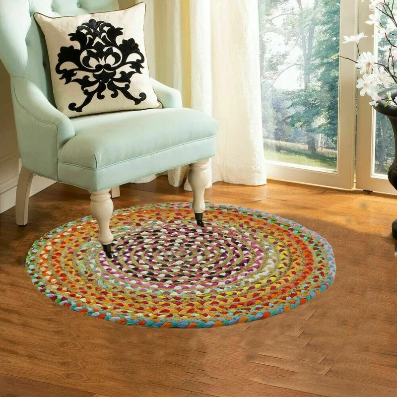 

Carpet Cotton and Natural Jute 2x2 Feet Handmade Circular Decorative Living Rug Double-sided Carpets for Bed Room