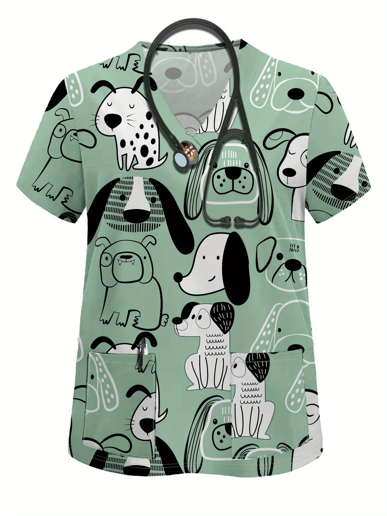 

Women's Casual V-Neck Short Sleeve Nurse Uniform Top - Cute Cartoon Pig & Floral Print Work Shirt with Pockets for Workers