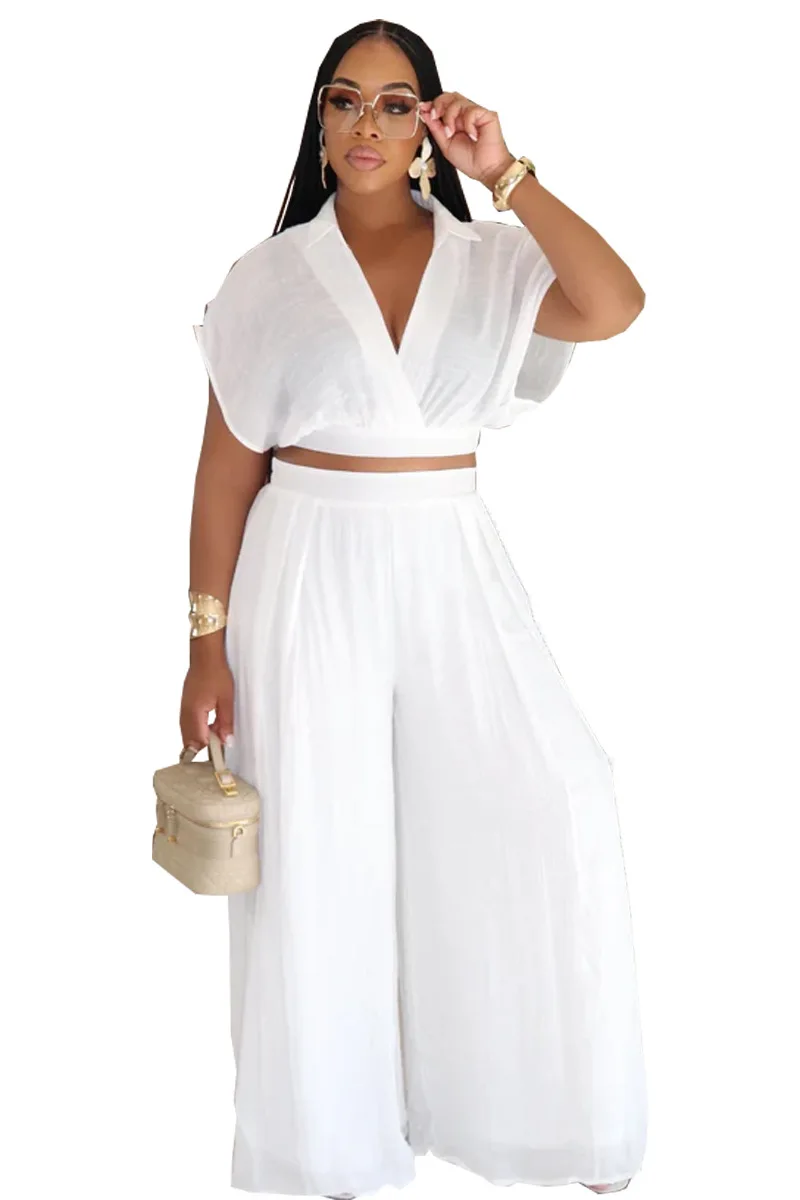 ชุดสูทลำลองแฟชั่นผู้หญิงสองชิ้น สีพื้น ปกเสื้อคอวี แขนทรงค้างคาว กางเกงขายาวทรงกว้าง ฤดูร้อน 2025