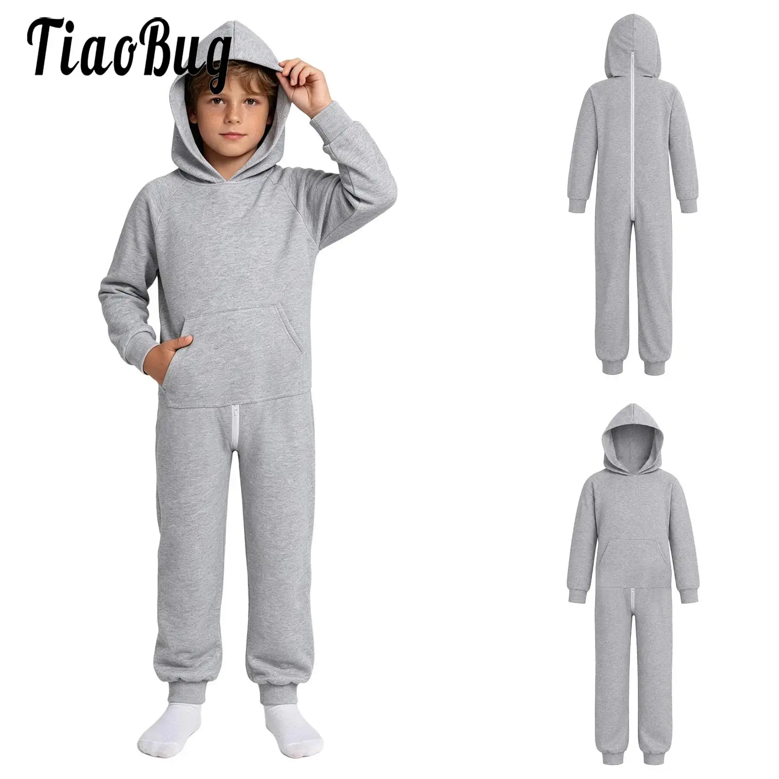 Kids Boys Girls Adaptive Clothing Hooded Full Jumpsuit Long Sleeves Zipper Back Crotch Bodysuit with Pocket for Outdoor Play