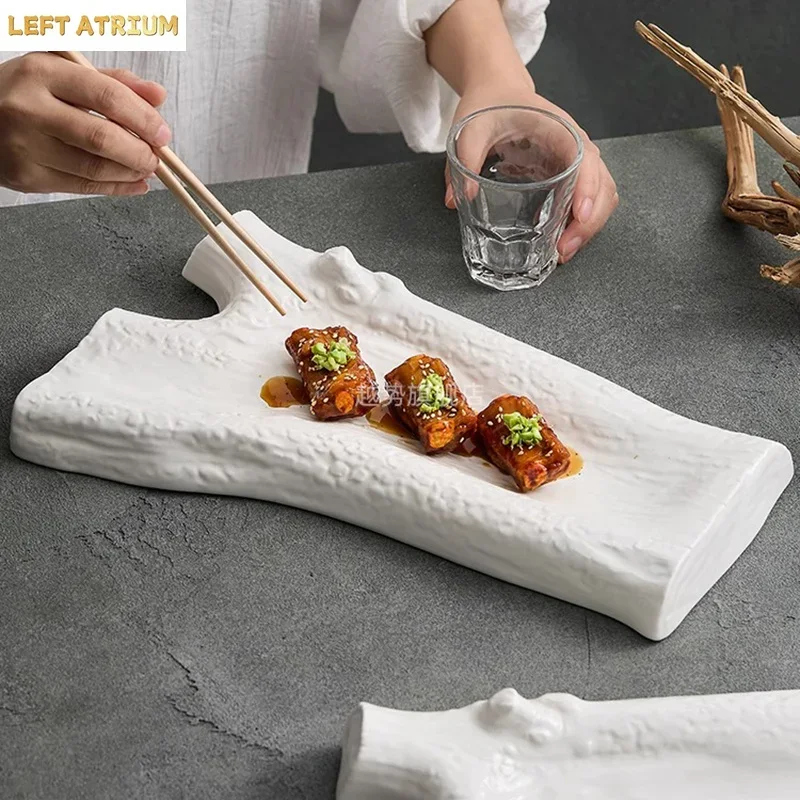 Matte White Ceramic Plate Serving Plate Dessert Snack Dish Sushi Dish Tree Branch Shape Plates Restaurant Molecular Tableware