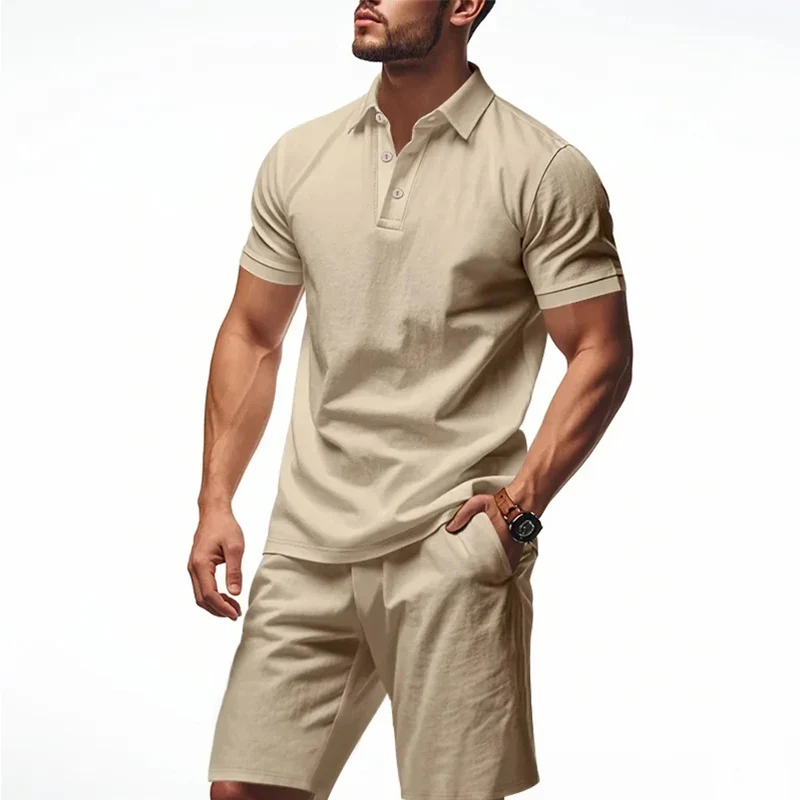 

Casual Linen Men's Polo Shirt Short Sleeve Beach Shorts Set Turn-down Collar Summer New Style Men's Fashion Clothing Set