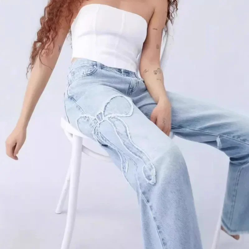 Embroidered butterfly jeans street ladies loose straight leg pants cargo denim with side wear details