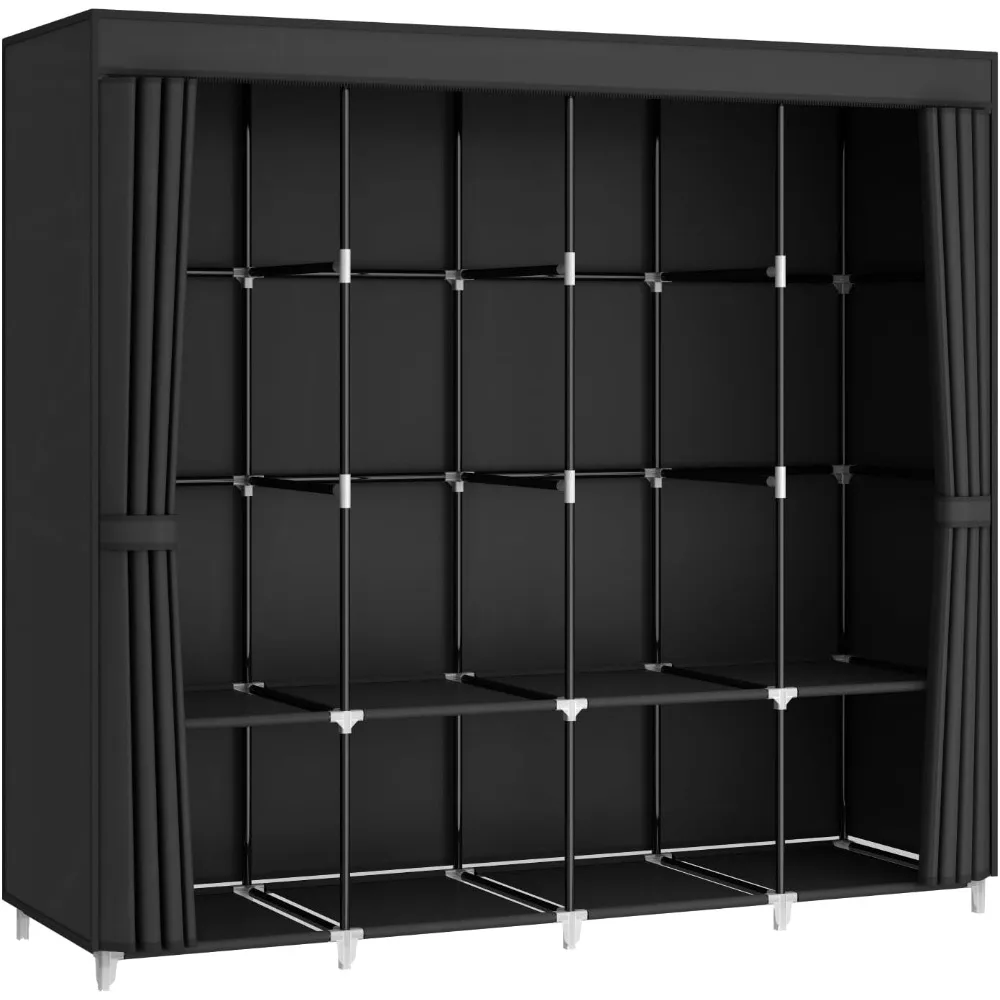 67 Inch Large Capacity Portable Closet Wardrobe with Non-Woven Fabric Cover, 4 Hanging Rods, 8 Shelves - Black Clothes