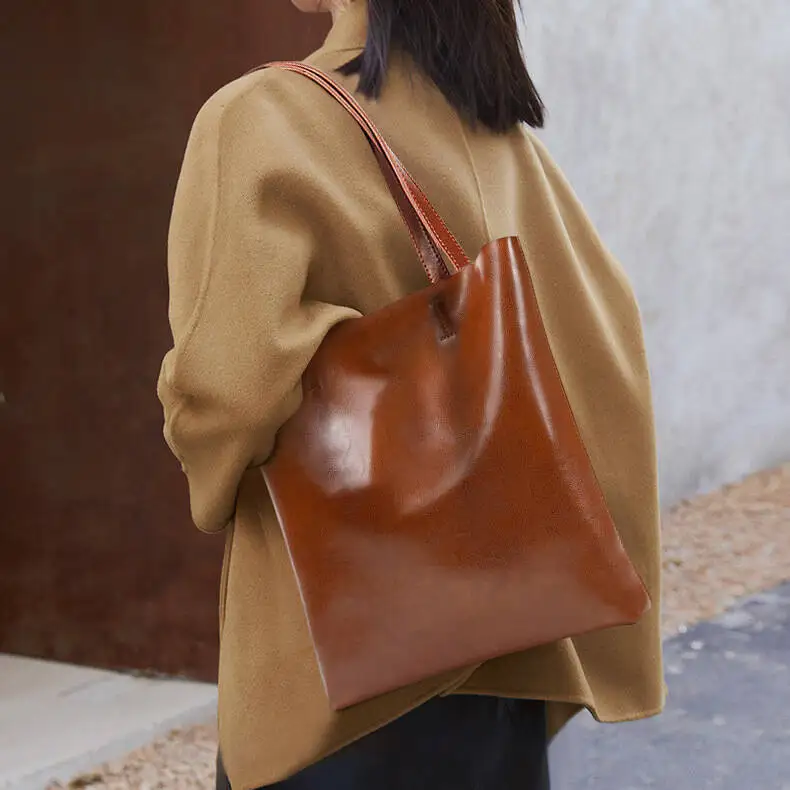

Vitage Large Capacity Oil Wax Cowhide Vertical Shoulder Tote Bag Geuie Leather Versatile High-Ed Hadheld Briefcase