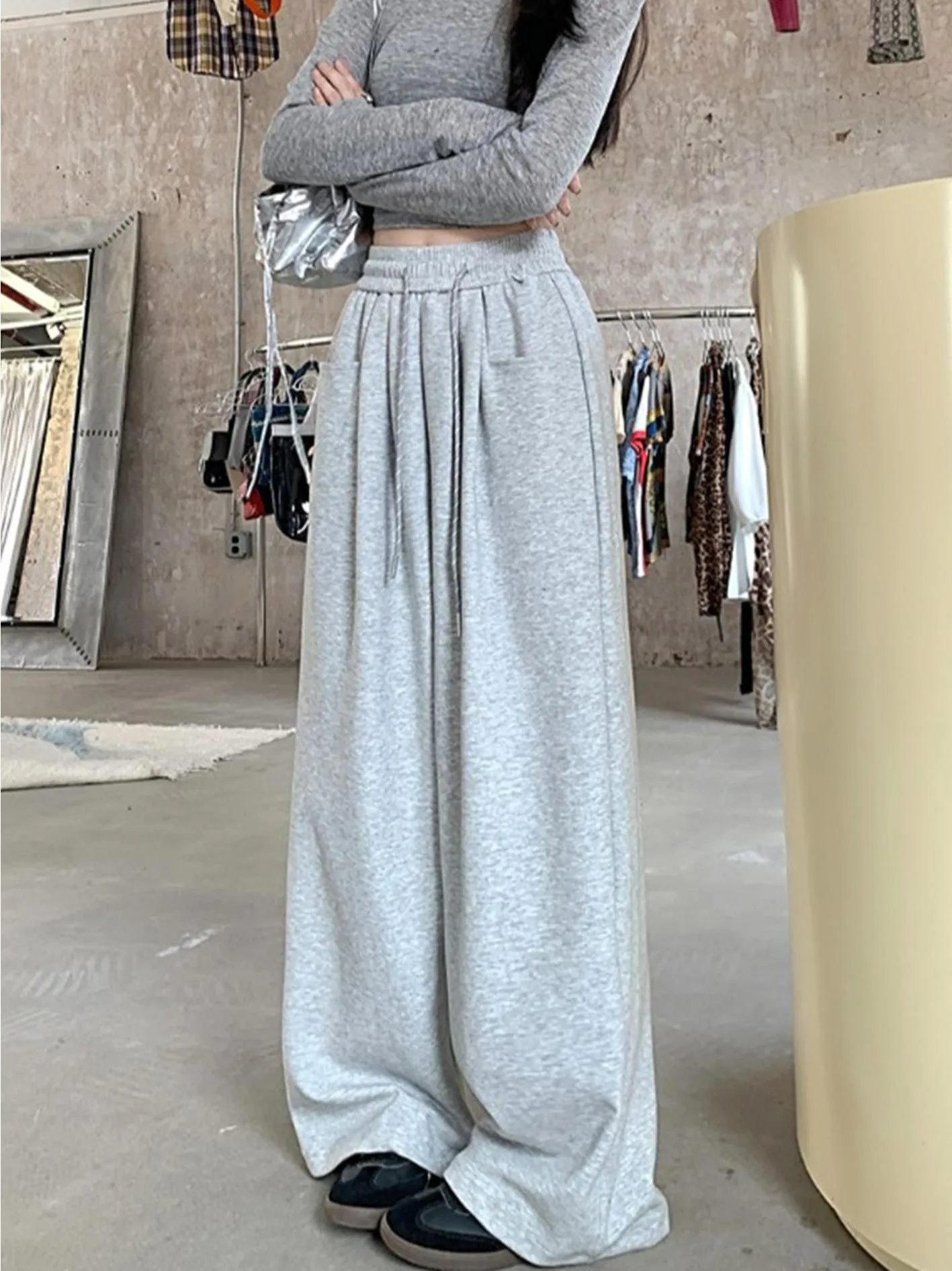 블루 여성 스포츠 팬츠 겨울 신상 하이웨이스트 드레이프 와이드 레그 스웨트팬츠 스몰 사이즈 미국산 울 바지