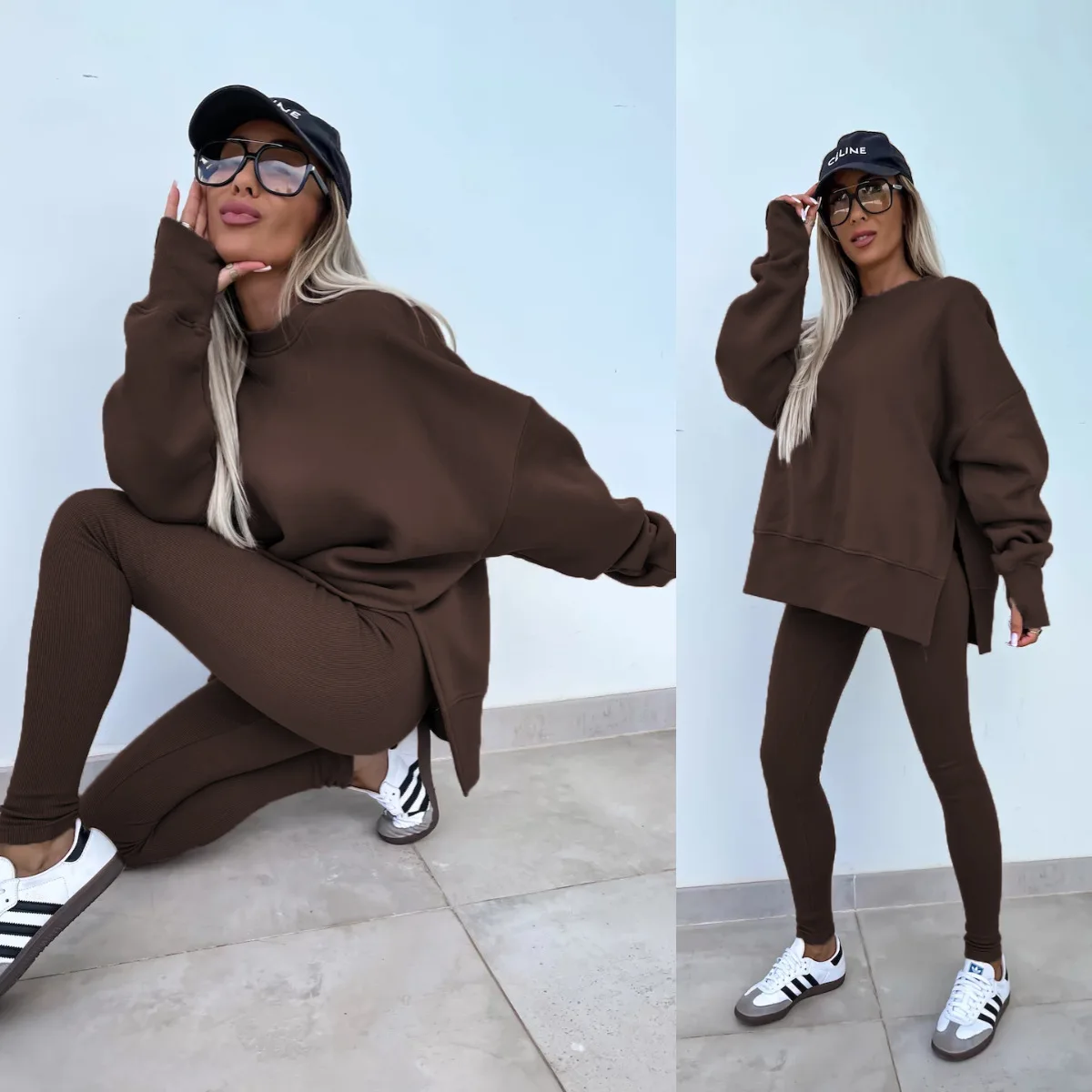 

Fashion Women's Loose Sweatshirt Suit O-neck Long-sleeved Slit High Street Sports Casual Elastic Waist Tight Pants 2-piece Set