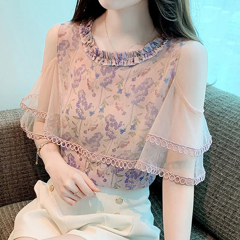 Korte Mouwen Bloemen Chiffon Shirt Tops Zomer Nieuw Net Garen Off Shoulder Print Mode Blouse Temperament Elegante Dameskleding