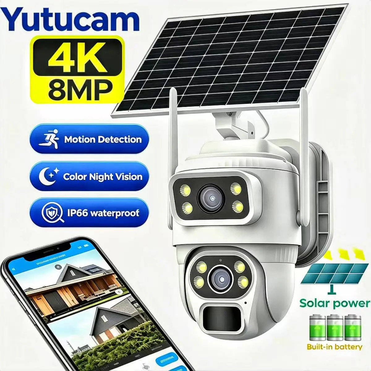 Solar Powered Outdoor WiFi Camera V380 4G Dual Lens PIR Human  Detection Night Vision IP66waterproof 8MP 4K  Surveillance Camera