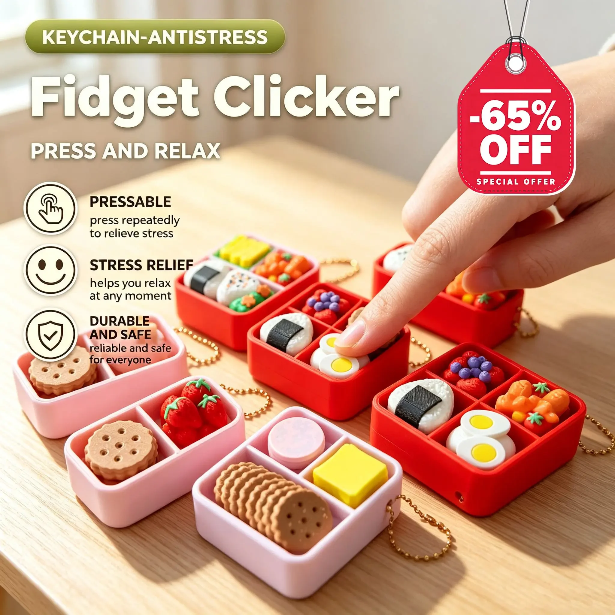 Mini Japanese Sushi Bento Fidget Clicker Keychain Rice Ball Sound Fidget Toy Backpack Pendant Keyring Christmas CNY Party Gift
