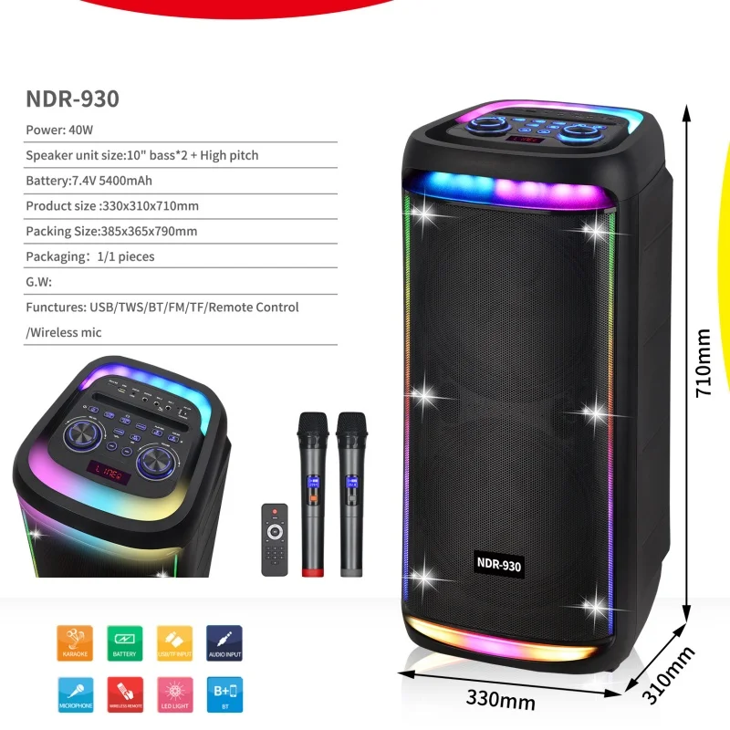 

NDR-930 10-дюймовый профессиональный уличный беспроводной сценический аудиодинамик, мультимедийные колонки, громкоговоритель, тележка, динамик с микрофоном