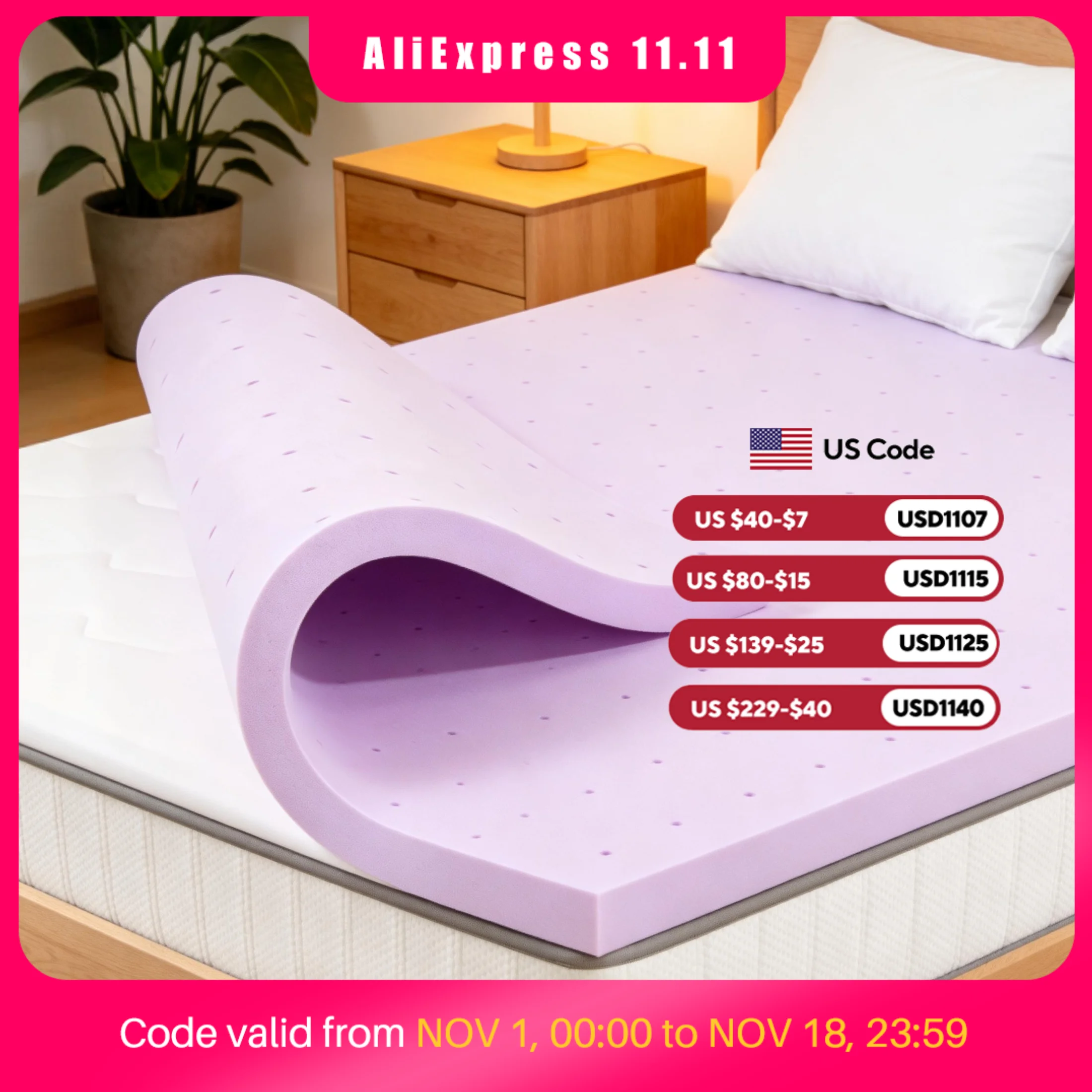 MCQ 3 Inch Memory Foam Mattress Topper Full Size Cooling Gel Breathable Soft Bed Pad Purple for Home Bedroom