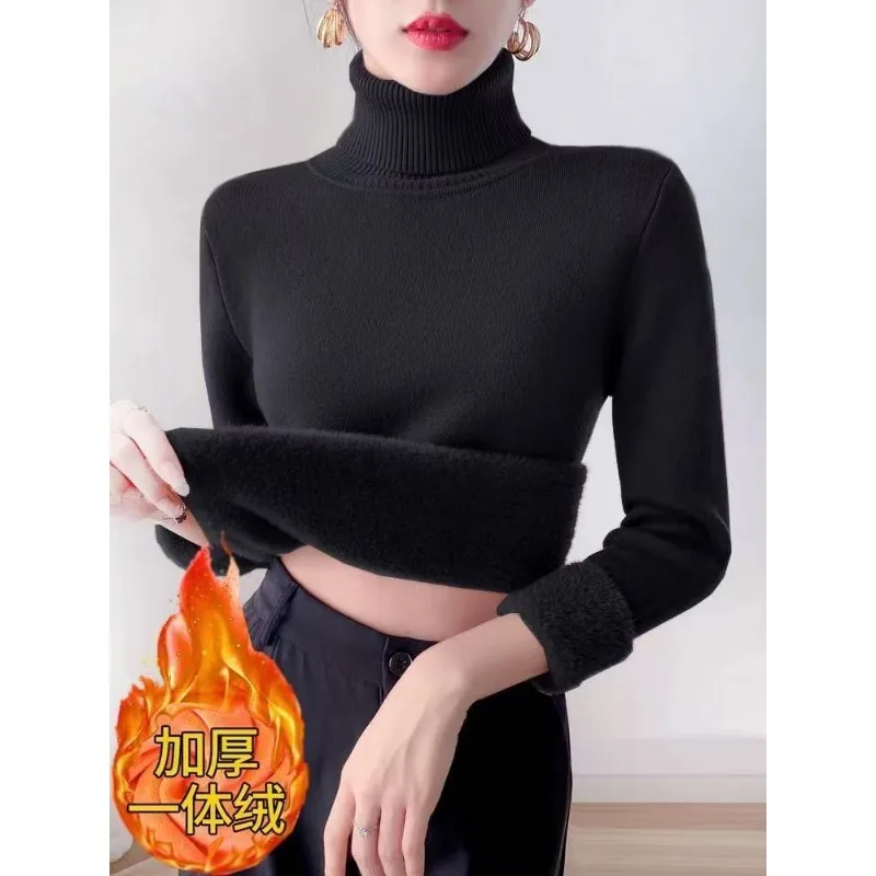 Womens Turtleneck Knit Sweater Autumn Winter Fleece Lined Mink Velvet Warm Basic Layering Top