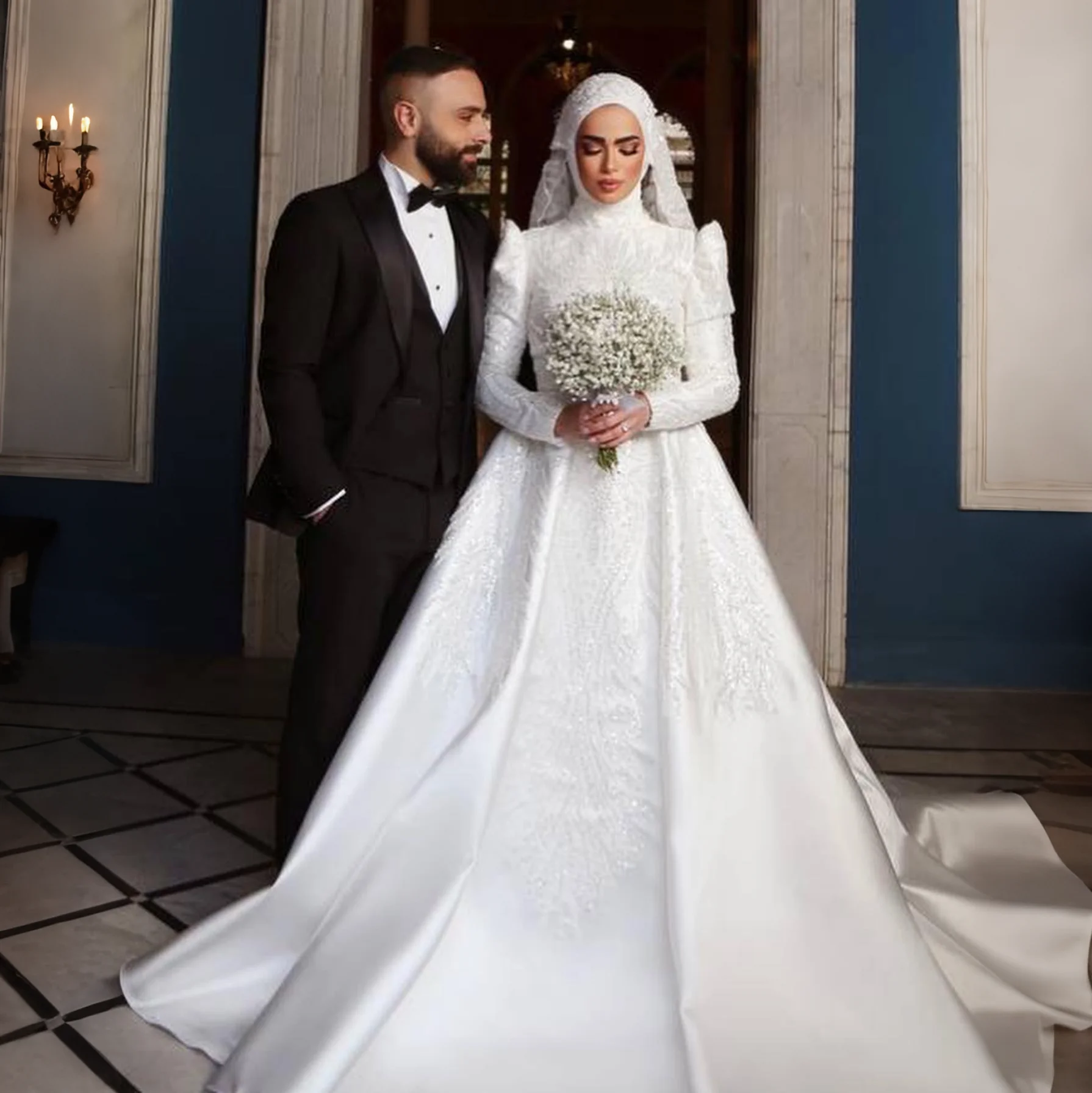 Roseann Wedding Dress Muslim Exquisite A-line Draped Pleat Sequin Applique High Collar vestido de novia Bride Dresses Customized
