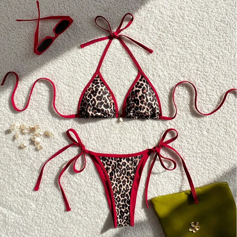 Costume da bagno bikini leopardato sexy da donna con cinturino push up costume da bagno bikini a tre punti costumi da bagno a vita bassa costumi da bagno estivi senza schienale da donna