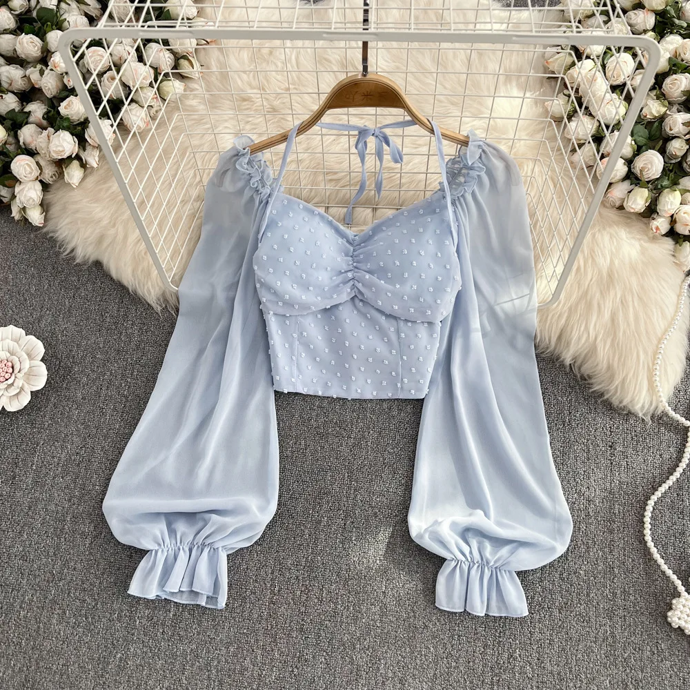 

Polka Dot Folds Short Blouse Summer French Retro Square Collar Bubble Sleeve Chiffon Shirt Women Tie Halter Fashion Beach Top