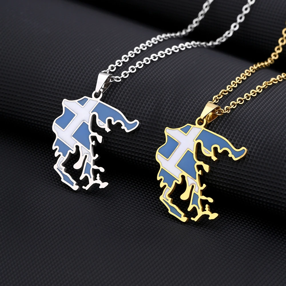 New Greece Map Flag Pendant Necklace For Women Men Gold Silver Color Stainless Steel Fashion Greek Jewelry Patriotic Gifts