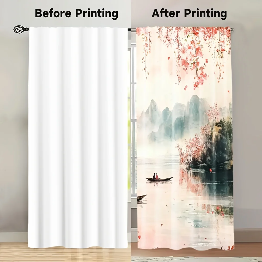 Exquisite Chinese Spring Blossom Landscape Curtains Digital Print Pagoda Scene Window Treatment Home Decor Drape