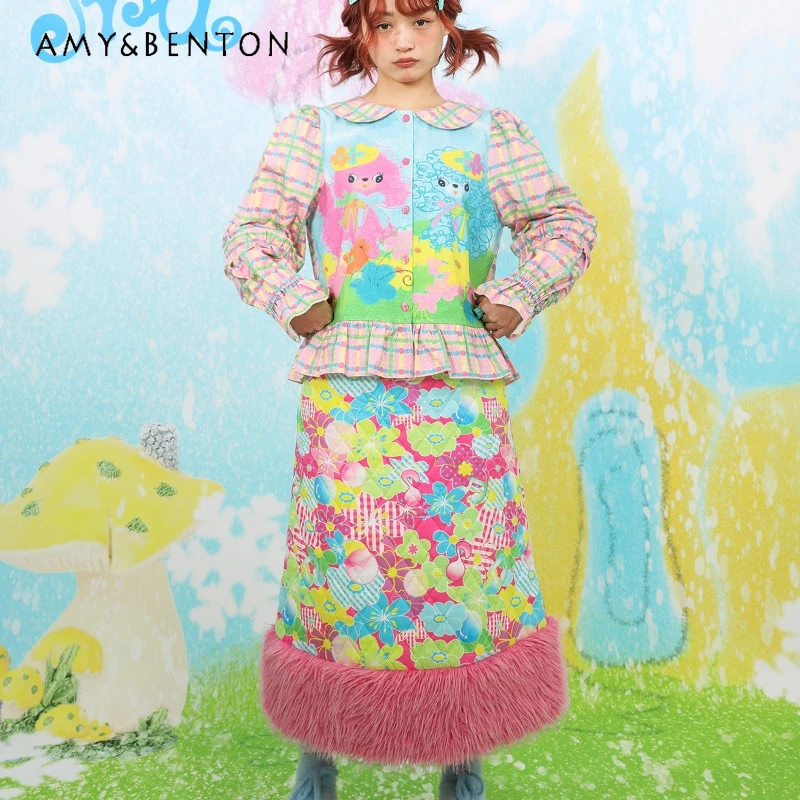 

Осень-зима, новый дизайн, женская юбка с розовым меховым краем и принтом, японские милые возрастные юбки для девочек, женские