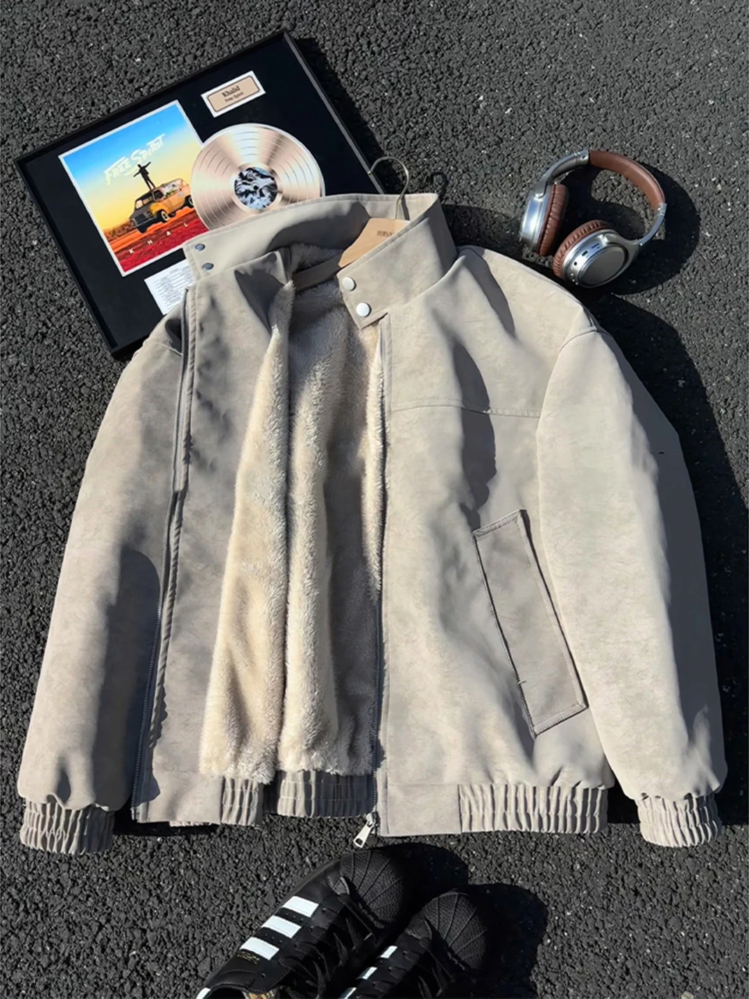 

Men's Thiened Winter Jaet Dyeing PU Leather Lamb Velvet Stand Collar Cotton Coat Faionable Urban Sle Stand Fit