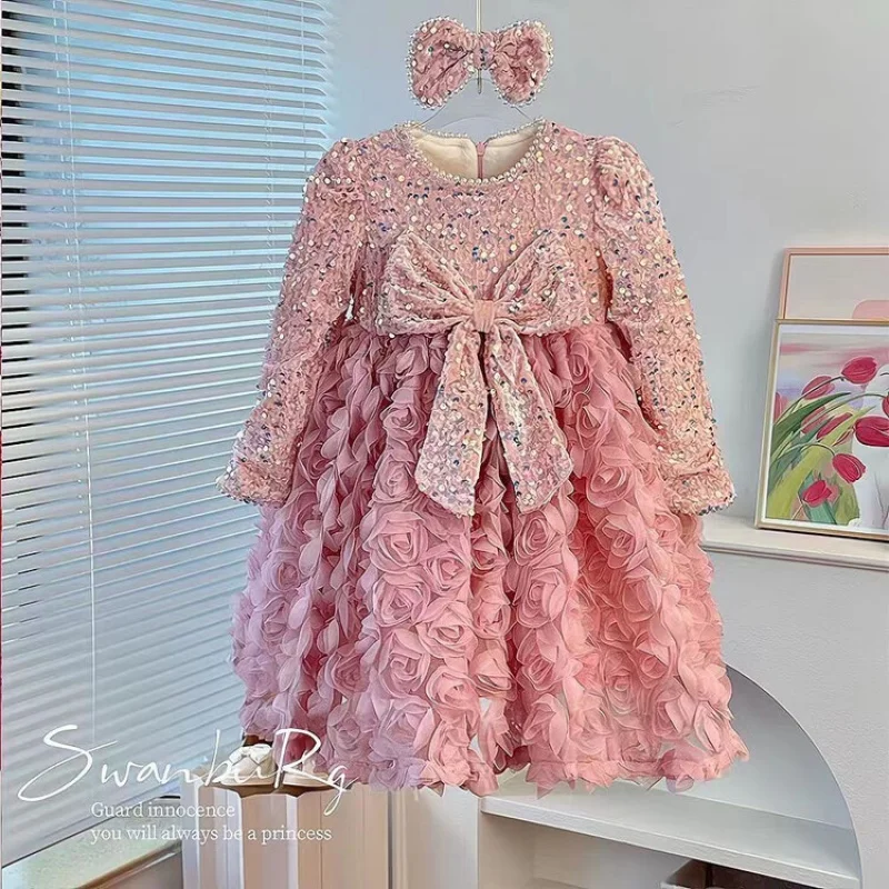 

High-End Girls' Princess Dress Autumn and Winter 2024 New Girls' Birthday Performance Children's Fashionable Fleece-Lined Dress