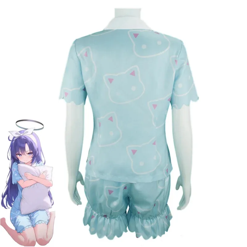 게임 아카이브 Hayase Yuuka 코스프레 의상 밀레니엄 과학 아카데미 블루 잠옷 반바지 가발 여성 섹시한 귀여운 데일리 슈트 vl;6