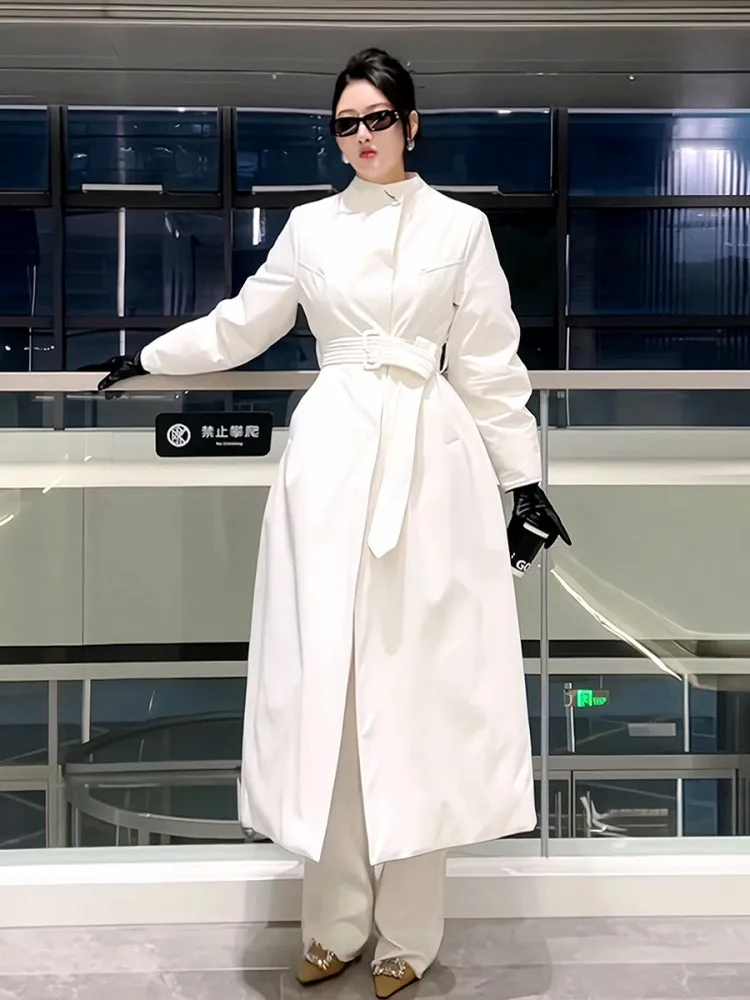 Damska kurtka puchowa w stylu koreańskim, z okrągłym dekoltem, szarfami, jednolita, do kolan lub dłuższa, ciepły zimowy płaszcz.