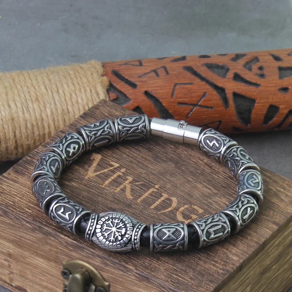 Pulsera de cuentas de Runas de acero inoxidable para hombres, pulsera de runas vikingas, pulsera de cuentas de dijes de moda, caja de madera