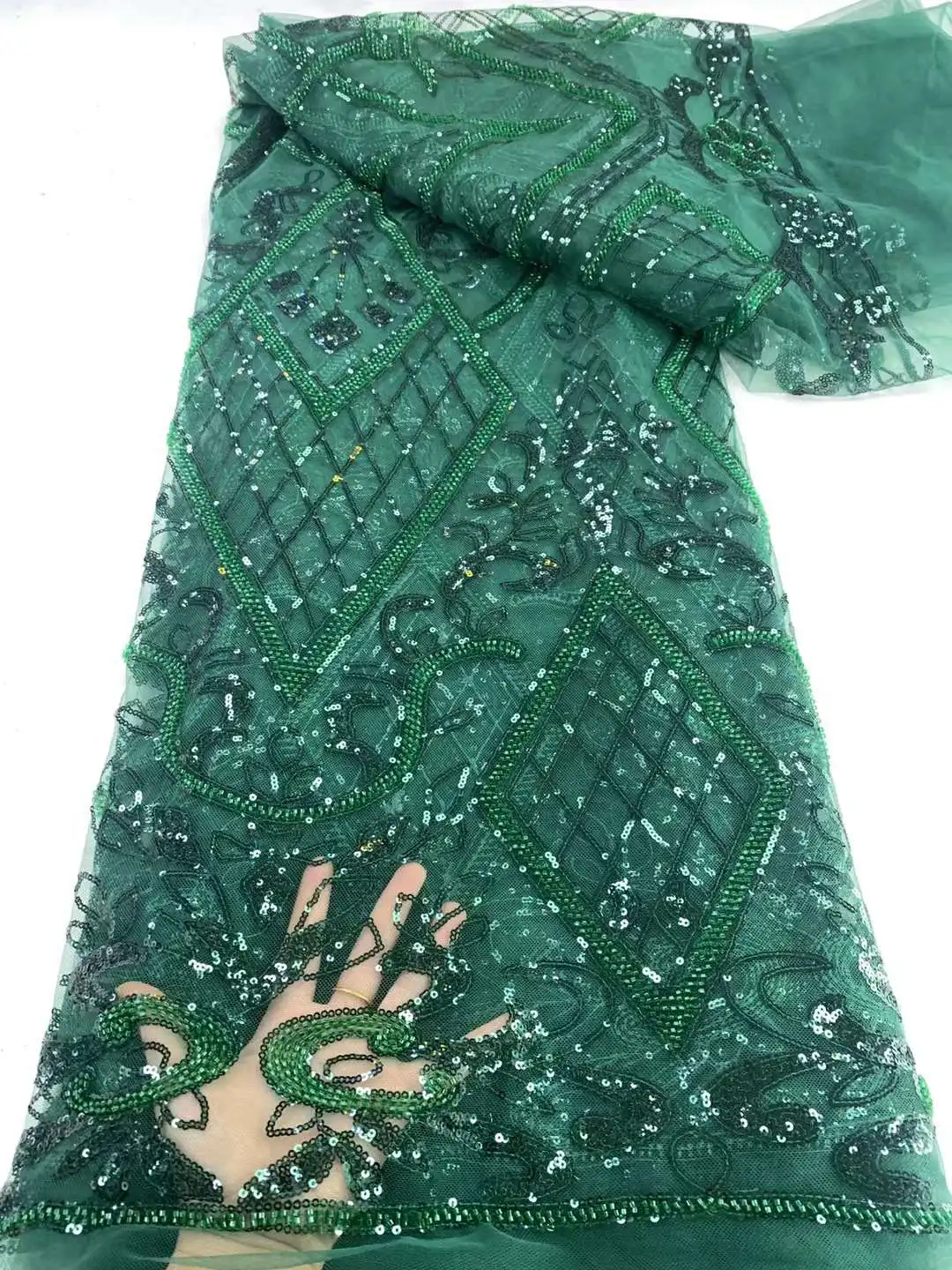 

Green African Beads Lace Fabric 2024 High Quality Sequins Embroidery French Beaded Tulle Laces For Nigerian Wedding Dress