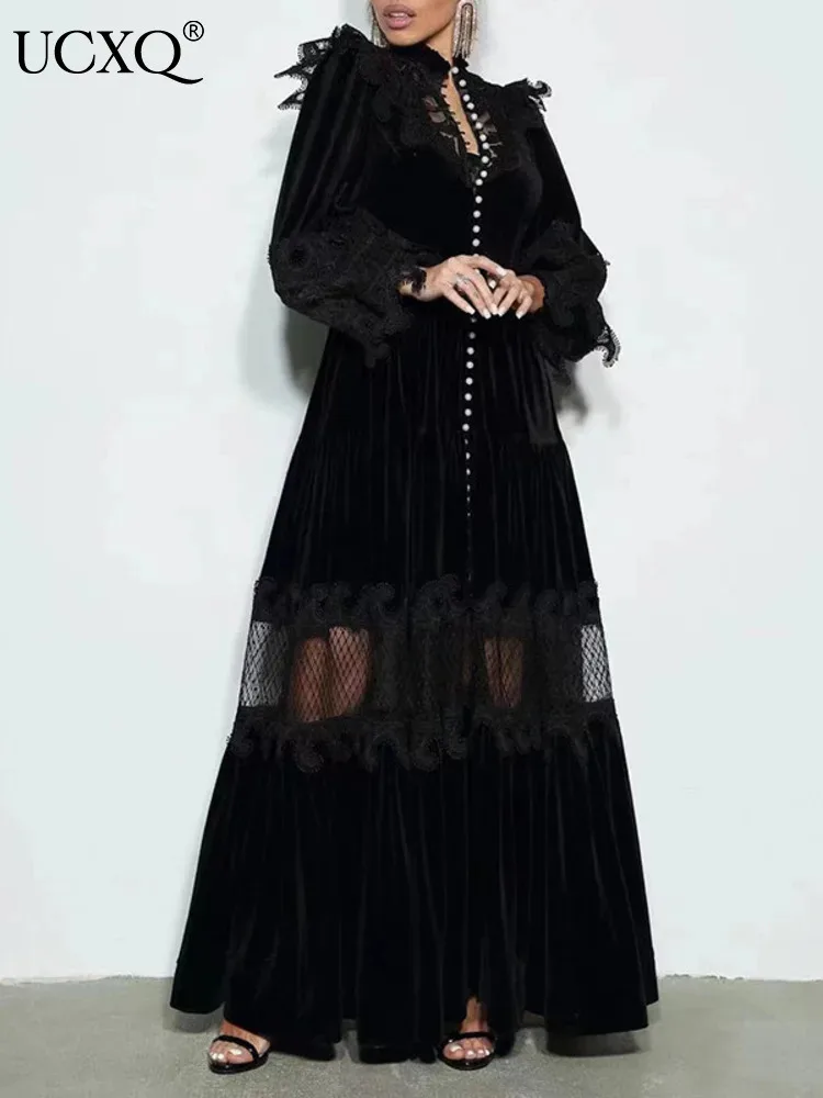 

UCXQ Elegant Evening Dress European Style Stand Collar Bubble Sleeves Lace Hollow Fashion Long Dresses Women 2024 Spring Autumn