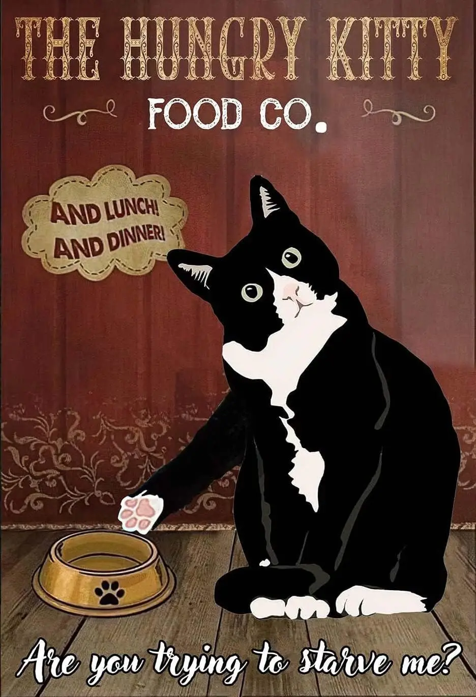 

Металлический постер «Голодный котёнок», постер «Любовь к кошкам», подарок для любителей тукседо, ретро-декор для стен, винтажная металлическая табличка для мужской комнаты, дома, паба