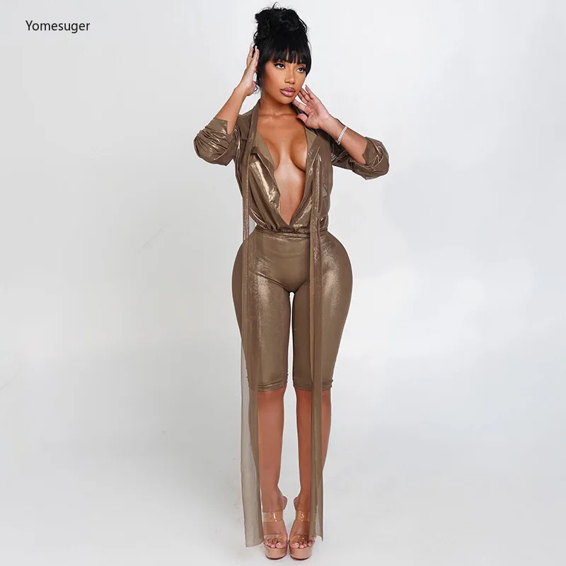 

Yomesugar сетчатый комплект из 2 предметов, женский сексуальный прозрачный бандажный топ с длинными рукавами + двухслойные пятые брюки, одинаковый клубный наряд