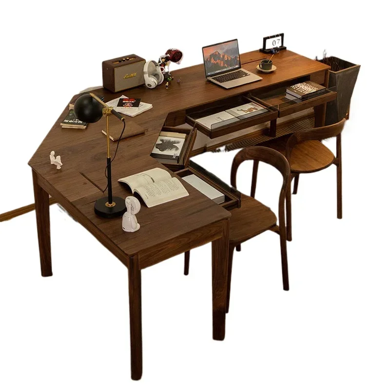 

North American black walnut desk retro all solid wood simple corner double desk study computer desk