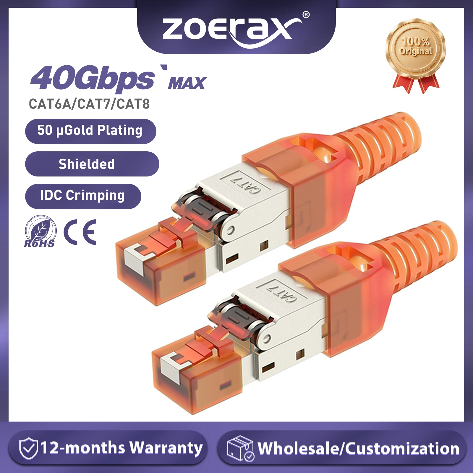 

ZoeRax RJ45 connectors Cat6A CAT7 CAT8 Tool-Free Shielded RJ45 Termination Plug Connector, Zinc Alloy Metal Housing