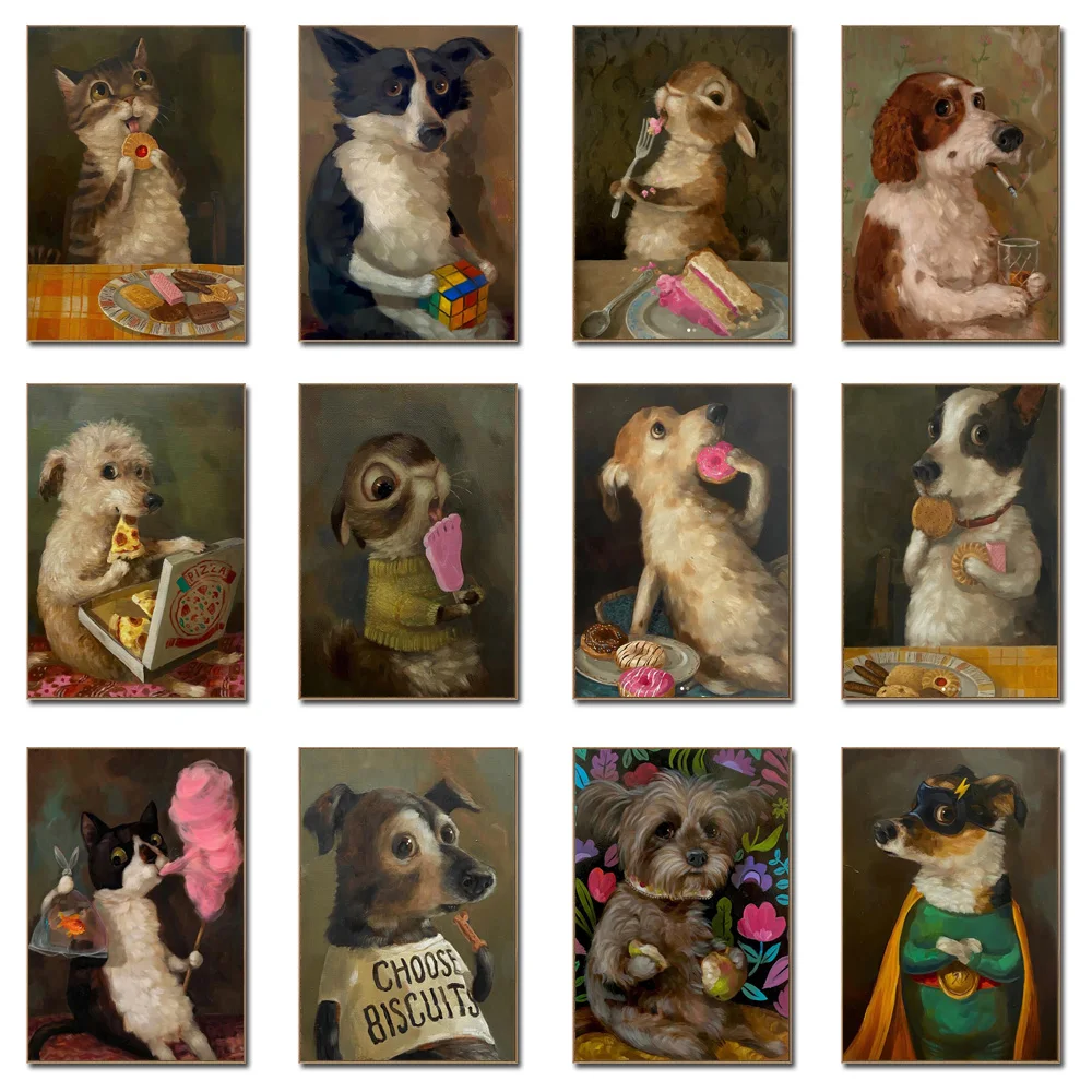 Funny Vintage Art Prints Cute Dog Eat Snacks Poster Retro Animal Wall  Cat Have Cookie Cake Canvas Painting For Living Room