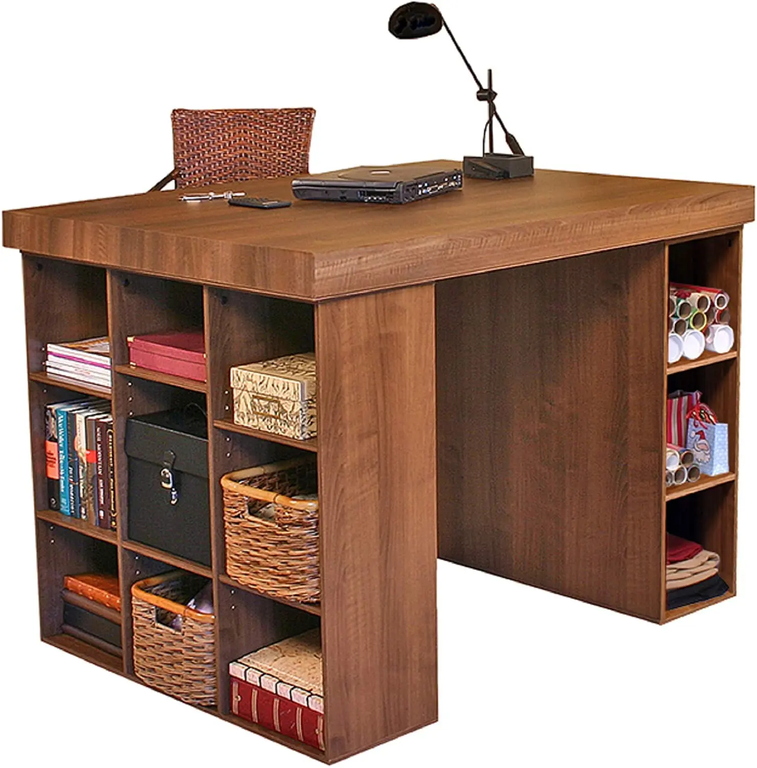 Project Center Desk with Bookcase and 3 Bin Cabinet-Walnut Perfect for Scrapbooking, Sewing and Arts.