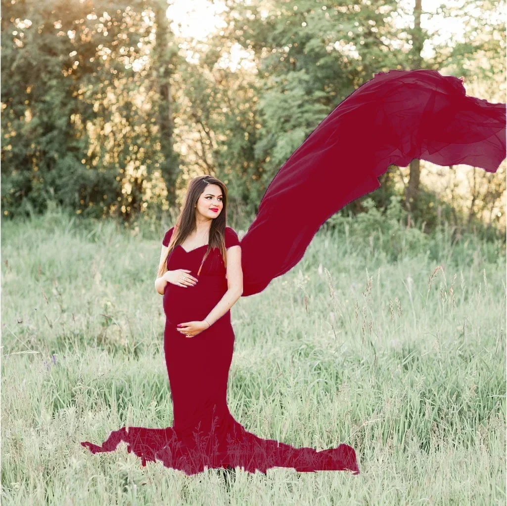 マタニティ写真の小道具ロングウェディングドレスガウン綿妊娠ファンシー撮影写真末尾ショルダーレス妊婦服