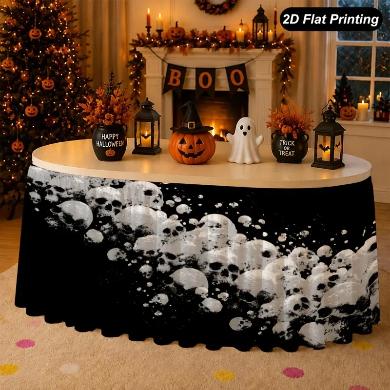 One-piece 2D flat Halloween tablecloth, white skull scattered tablecloth, suitable for home kitchen decoration