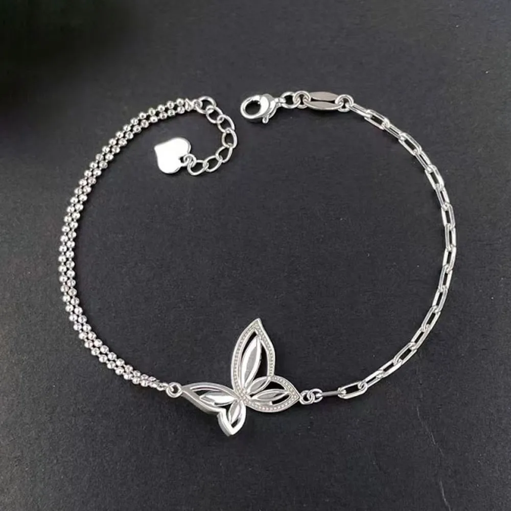 Real Pure Platinum 950 Chain Women Lucky Butterfly Beads Cable Link Bracelet 4.83-5.07g