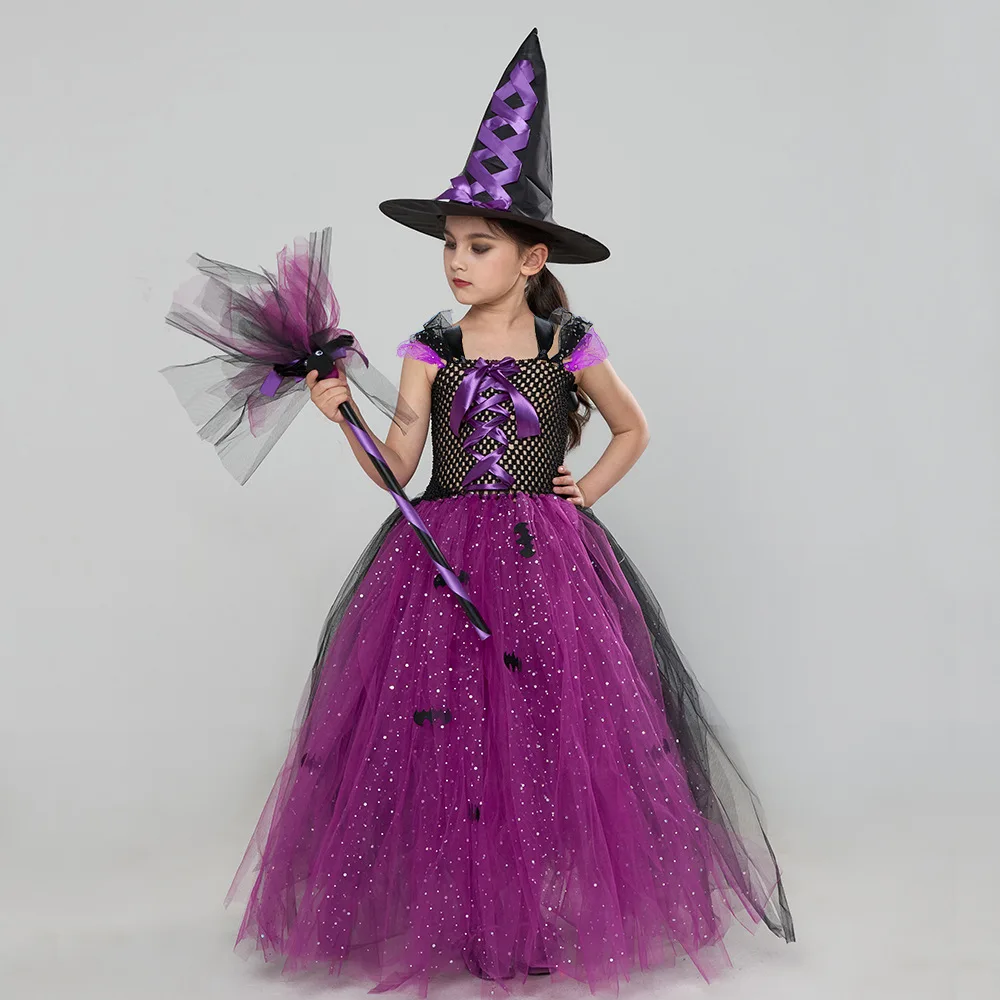 Bat Witch Costume for Girl Halloween Party Cosplay Costumes Sequin Mesh Tutu Dress Princess Birthday Party Kid Costume Gifts