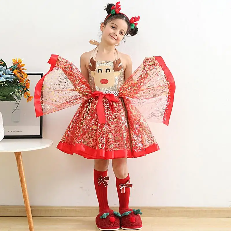 Girl Tutu Skirt Fluffy Deer Christmas Costume Kids Reindeer Tulle Skirt For Halloween Carnival Children Outfit Holiday