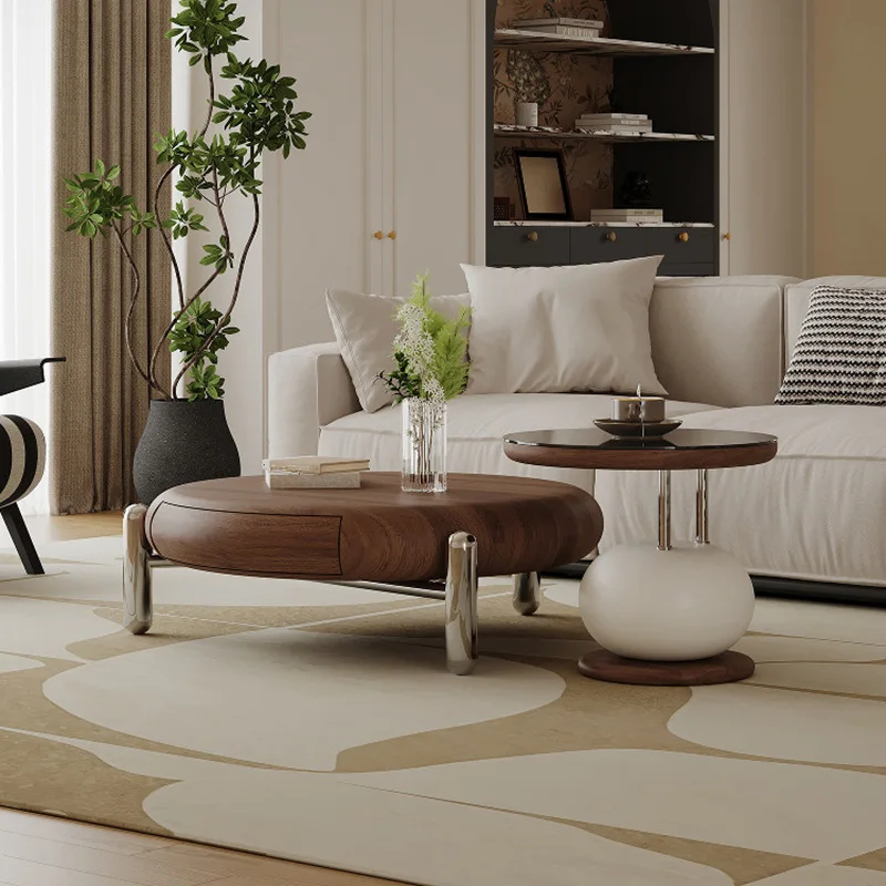 Mesas de centro modernas con patas de metal y cajones, mesas de centro redondas italianas con almacenamiento, mesa de centro de lujo de diseño, muebles para el hogar