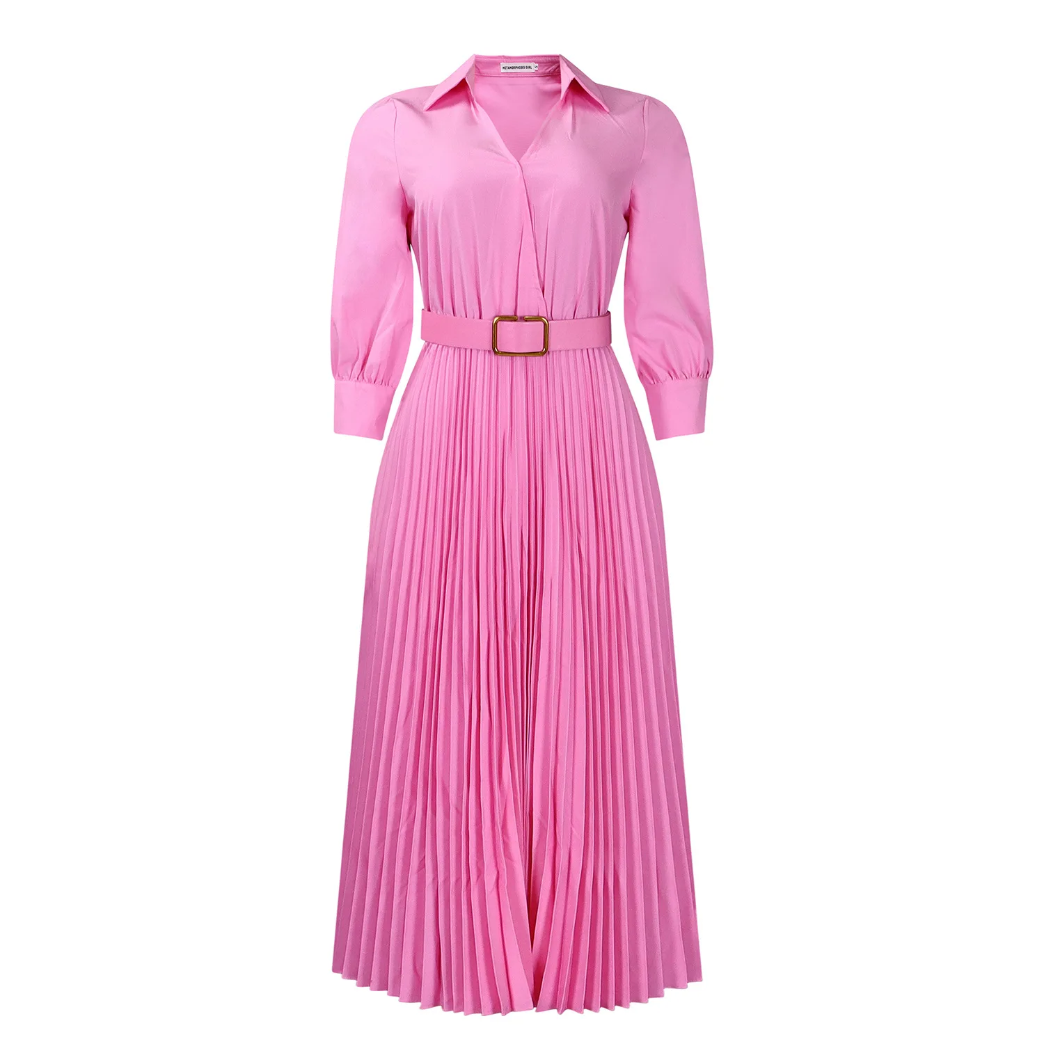 NOISYDESIGNS Pink Color Dresses For Women With Belt 2024 New Fashion Lady  Long Sleeve High Waist Elegant Pleated Prom Mujer